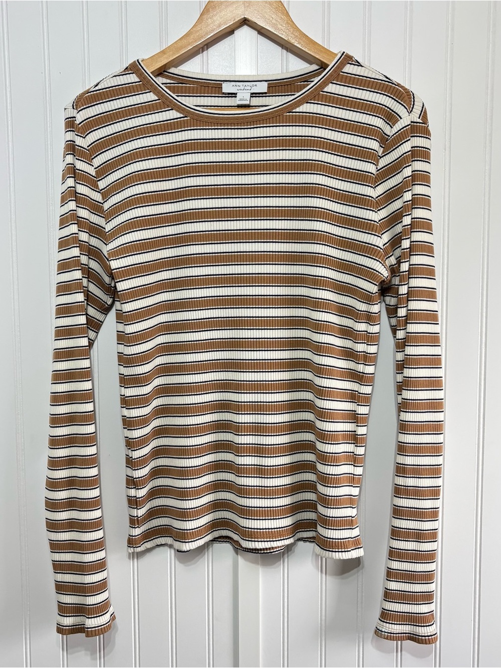Ann Taylor Weekend Striped Ribbed Long Sleeve Top Brown Cream Size Large